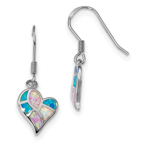 Sterling Silver Rhodium White/Pink/Blue Created Opal Heart Earrings QE14040 - shirin-diamonds