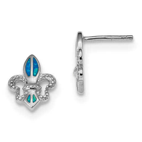 Sterling Silver Rhodium-plated Blue Created Opal Fleur De Lis Earrings QE14042 - shirin-diamonds