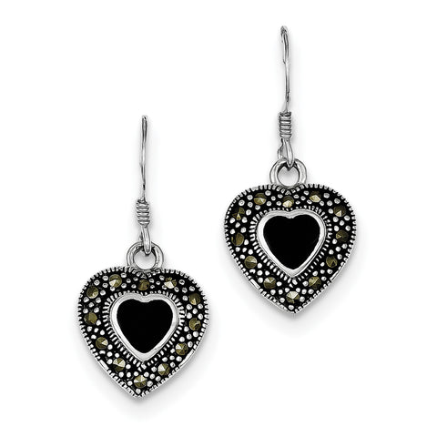 Sterling Silver Onyx Heart Marcasite Earrings QE1437 - shirin-diamonds