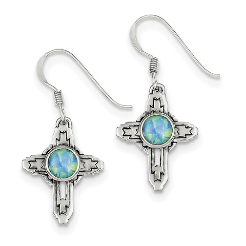 Sterling Silver Antiqued Created Opal Cross Earrings QE1618 - shirin-diamonds