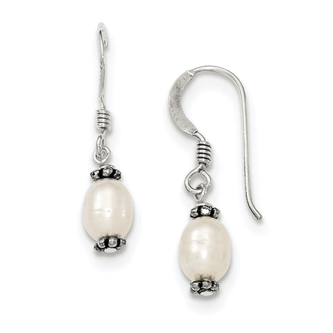 Sterling Silver White FW Cultured Pearl Antiqued Bead Dangle Ear QE2009 - shirin-diamonds
