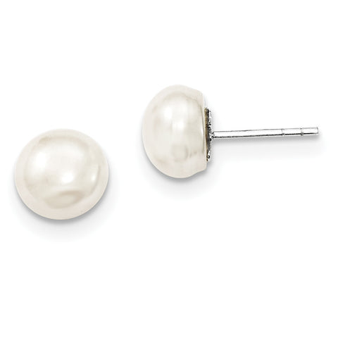 Sterling Silver White FW Cultured Pearl 9-10mm Button Earrings QE2033 - shirin-diamonds