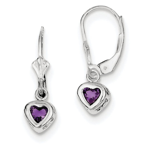 Sterling Silver Rhodium 5mm Heart Amethyst Leverback Earrings QE2046AM - shirin-diamonds