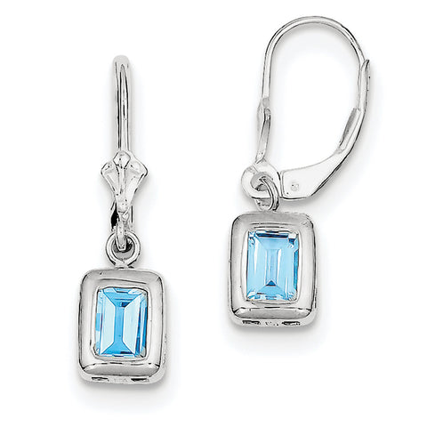 Sterling Silver Rhodium 7x5 Emerald Cut Blue Topaz Leverback Earrings QE2048BT - shirin-diamonds