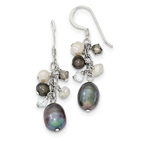 Sterling Silver Blue Crystal/Peacock & White FW Cultured Pearl Ear QE2556 - shirin-diamonds