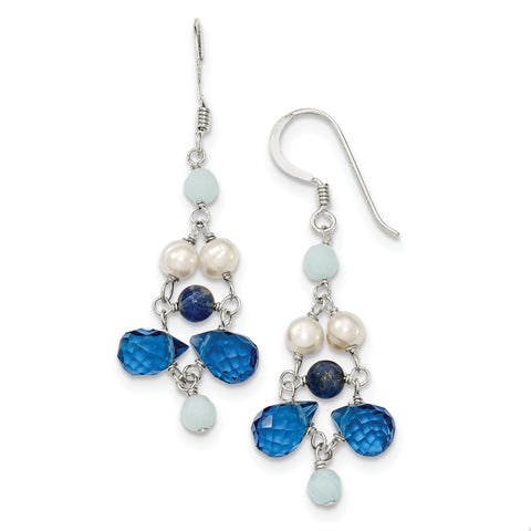 Sterling Silver Dark Blue Crystal/Lapis/FW Cultured Pearl Earrings QE2560 - shirin-diamonds