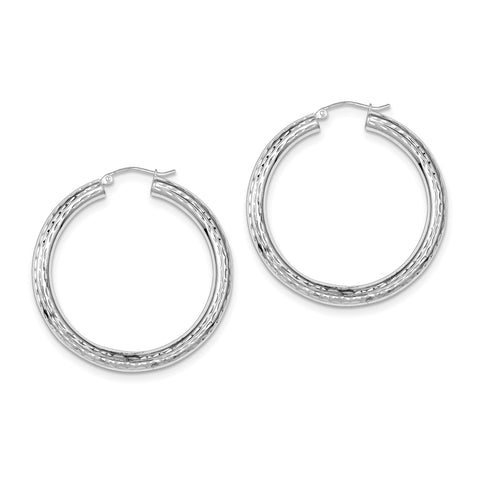 Sterling Silver Rhodium-plated 4.00mm Diamond-cut Hoop Earrings QE3548 - shirin-diamonds