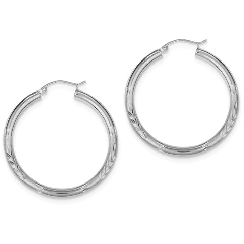 Sterling Silver Rhodium-plated 3.00mm Satin Diamond-cut Hoop Earrings QE3558 - shirin-diamonds