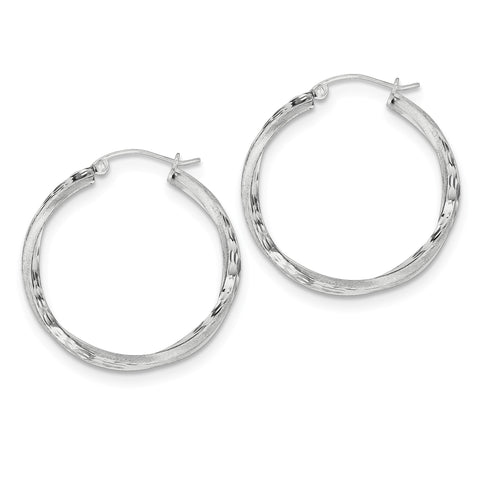 Sterling Silver Rhodium-plated Satin & Diamond Cut Twist Hoop Earrings QE4599 - shirin-diamonds