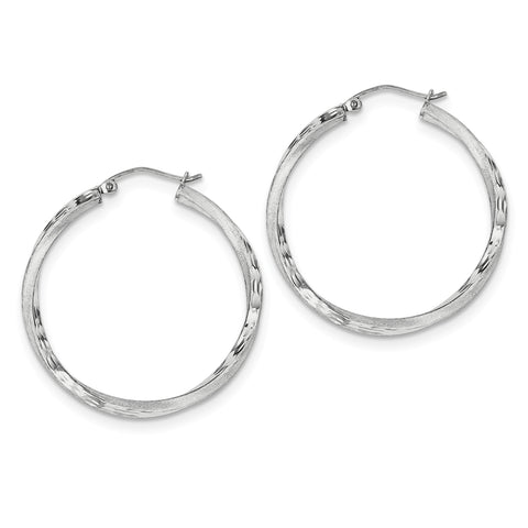 Sterling Silver Rhodium-plated Satin & Diamond Cut Twist Hoop Earrings QE4600 - shirin-diamonds