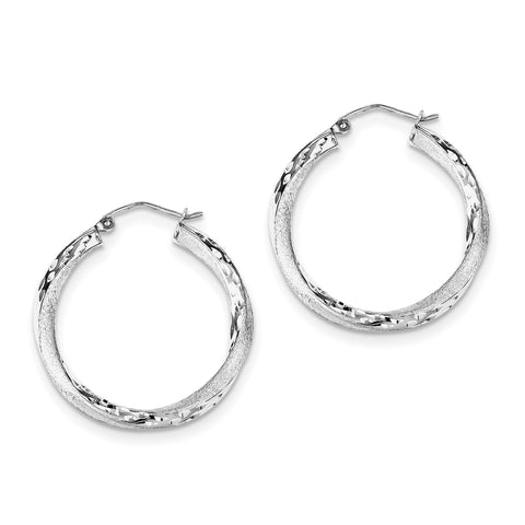 Sterling Silver Rhodium-plated 3.00mm Polished & Satin D/C Twisted Hoop Ear QE4612 - shirin-diamonds