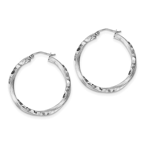 Sterling Silver Rhodium-plated 3.00mm Polished & Satin D/C Twisted Hoop Ear QE4613 - shirin-diamonds