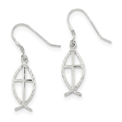 Sterling Silver Diamond Cut Cross w/Fish Earrings QE4789 - shirin-diamonds
