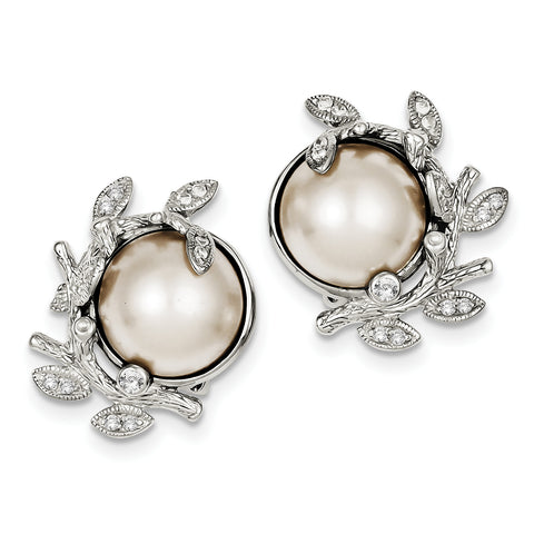 Sterling Silver CZ & Simulated Pearl Clipback Earrings QE5107 - shirin-diamonds