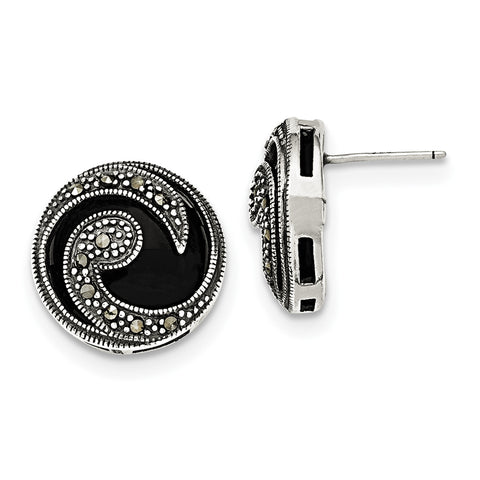 Sterling Silver Onyx & Marcasite Post Earrings QE5140 - shirin-diamonds
