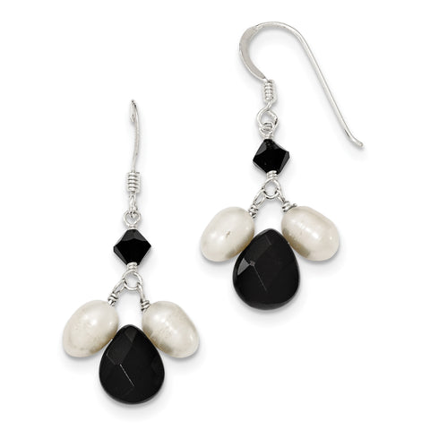 Sterling Silver Onyx/FW Cultured White Pearl/Black Crystal Earrings QE5466 - shirin-diamonds