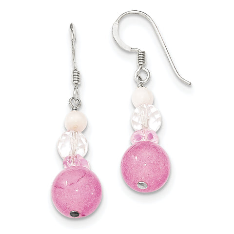 Sterling Silver Pink & White Crystal/Jade/Mother of Pearl Dangle Earrings QE6326 - shirin-diamonds