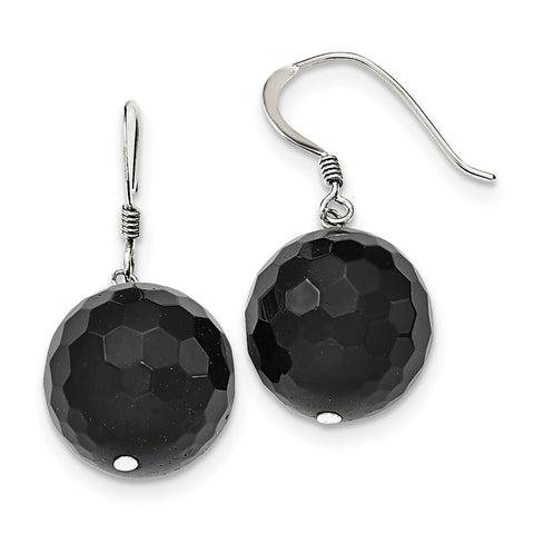 Sterling Silver 16.5mm Faceted Onyx Bead Earrings QE6362 - shirin-diamonds