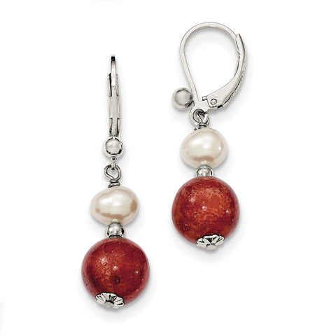 Sterling Silver FW Cultured Pearl & Stabilized Red Coral Earrings QE6382 - shirin-diamonds