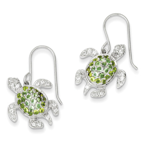 Sterling Silver Clear, Green and Blue CZ Turtle Dangle Earrings QE7403 - shirin-diamonds
