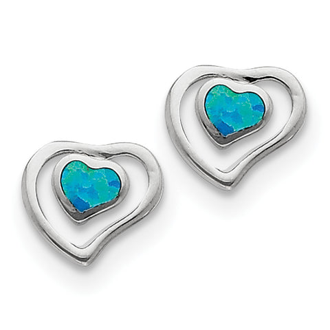 Sterling Silver Created Blue Opal Inlay Center Heart Post Earrings QE7440 - shirin-diamonds