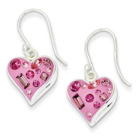 Sterling Silver Stellux Crystal Accented Pink Heart Dangle Earrings QE7448 - shirin-diamonds