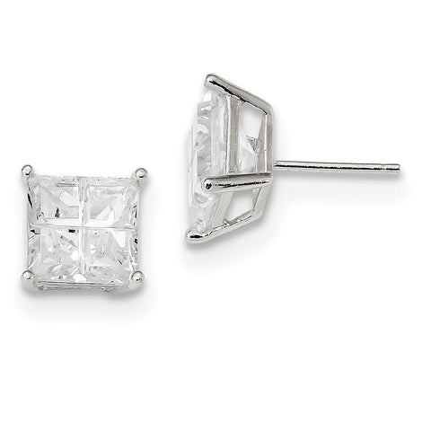 Sterling Silver 8mm Square CZ Basket Set Stud Earrings QE7521 - shirin-diamonds