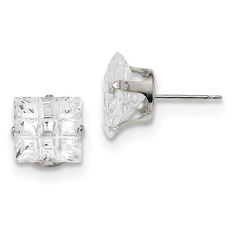Sterling Silver 9mm Square CZ 4 Prong Stud Earrings QE7527 - shirin-diamonds