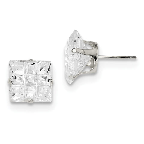 Sterling Silver 10mm Square CZ 4 Prong Stud Earrings QE7528 - shirin-diamonds