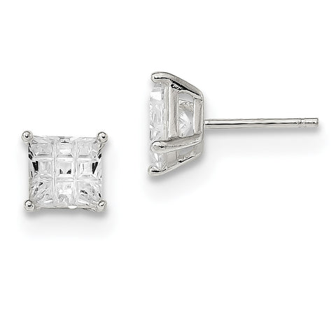 Sterling Silver 6mm Square CZ Basket Set Stud Earrings QE7530 - shirin-diamonds