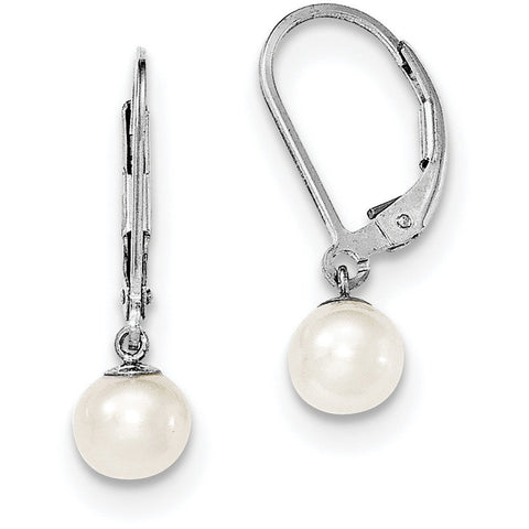 Sterling Silver Rhodium-plated 6-7mm White FWC Pearl Leverback Earrings QE7690 - shirin-diamonds