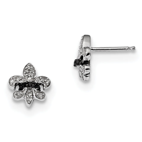 Sterling Silver Black and White Diamond Fleur de Lis Post Earrings QE7850 - shirin-diamonds