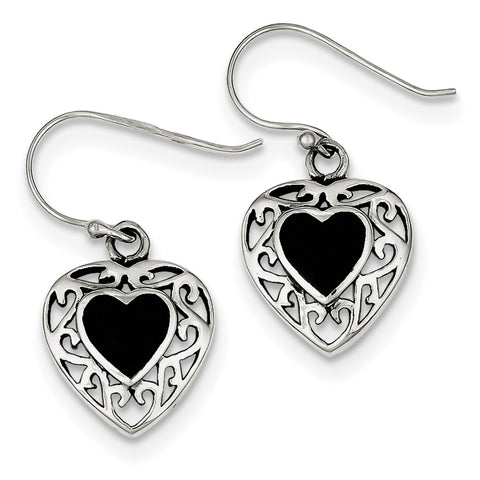 Sterling Silver Onyx Heart Shepherd Hook Antiqued Earrings QE8717 - shirin-diamonds