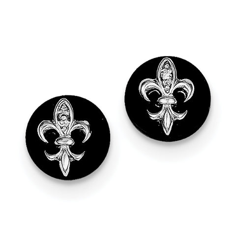 Sterling Silver CZ Fleur de Lis on Onyx Circle Stud Earrings QE9089 - shirin-diamonds