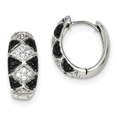 Sterling Silver Black & Clear CZ Hinged Hoop Earrings QE9305 - shirin-diamonds