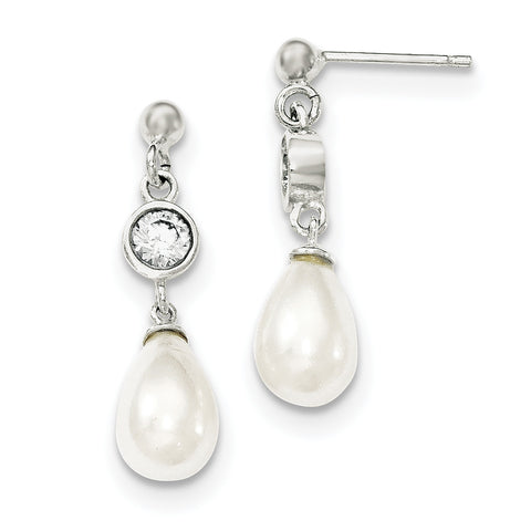 Sterling Silver Polished Freshwater Cultured Pearl &CZ Post Dangle Earrings QE9323 - shirin-diamonds