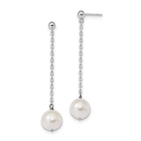 Sterling Silver Rhodium-plated 10mm FW Cultured Pearl Dangle Post Earrings QE9339 - shirin-diamonds