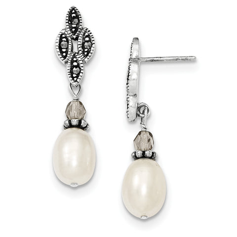 Sterling Silver Crystal Bead with FW Cultured Pearl Fancy Post Drop Ear QE9355 - shirin-diamonds