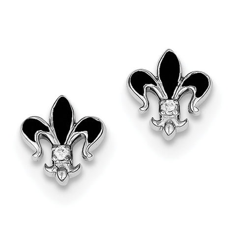 Sterling Silver Rhodium Plated CZ & Enamel Fleur de lis Post Earrings QE9380 - shirin-diamonds
