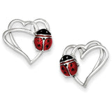 Sterling Silver Rhodium-plated Heart with Enameled Ladybug Post Earrings QE9589 - shirin-diamonds
