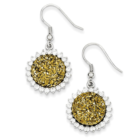 Sterling Silver with Yellow Druzy & CZ Round Shepherd Hook Earrings QE9620 - shirin-diamonds
