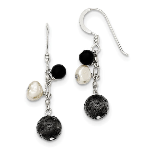 Sterling Silver & FW Cultured Pearl/Black Agate/Lava Rock Dangle Ear QE9714 - shirin-diamonds