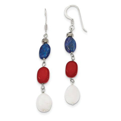 Sterling Silver Red Coral/Crystal/White Jade/Lapis Dangle Earrings QE9719 - shirin-diamonds