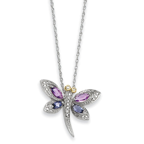 Sterling Silver & 14K Amethyst and Iolite and Diamond Dragonfly Necklace QG2711 - shirin-diamonds