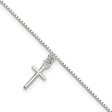 925 Sterling Silver 1mm Solid Polished Cross on Box Chain Anklet