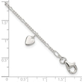 925 Sterling Silver 1mm Polished Dangling Heart Figaro Chain Anklet