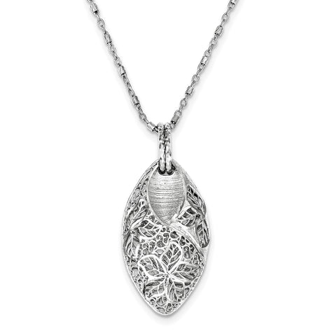 Sterling Silver Rhodium Plated Flower & Leaves w/ 2in ext. Necklace QG3460 - shirin-diamonds