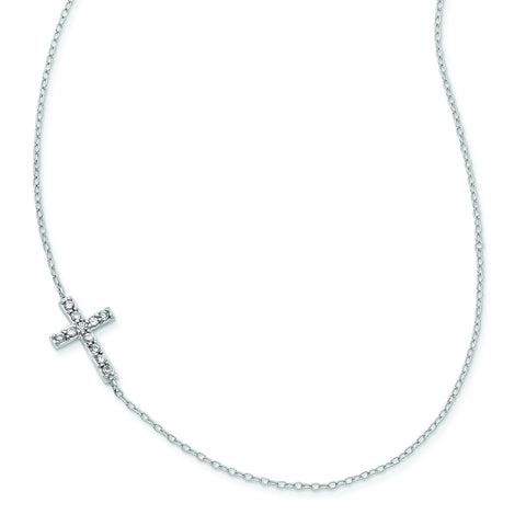 Sterling Silver with CZ Offset Sideways Cross w/ 2 IN EXT Necklace QG3472 - shirin-diamonds