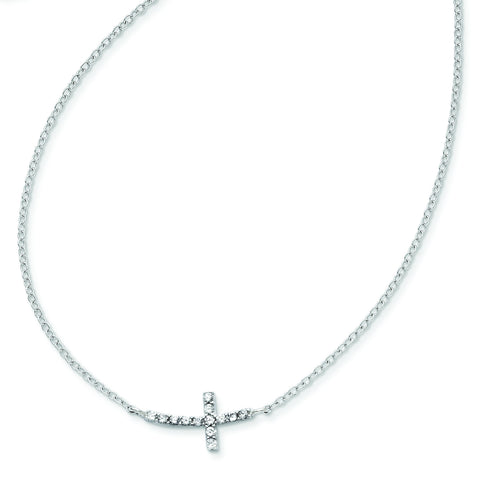 Sterling Silver with CZ Offset Sideways Cross w/ 2 IN EXT Necklace QG3476 - shirin-diamonds