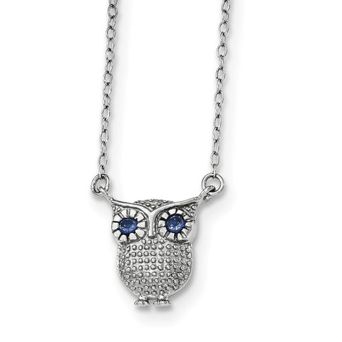 Sterling Silver Rhodium-plated Blue Synthetic Sapphire Owl 2in ext Necklace QG3687 - shirin-diamonds